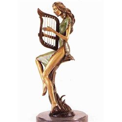 "Lady With Harp" Bronze Sculpture - Chiparus
