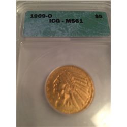 INCREDIBLY SCARCE 1909-O $5 GOLD INDIAN HEAD ICG MS-61