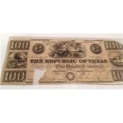 RARE 1839 CUT-CANCELLED UNCIRCULATED  $100 REPUBLIC OF TEXAS NOTE