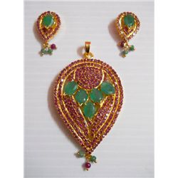 119.20 CTW GOLD PLATED EMERALD AND RUBY PENDANT AND EAR