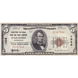 1929 Ty1 $5 National Banknote, Hartford, CT, Charter #1