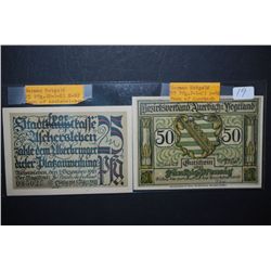 1921 German Notgeld 25 Pfennig Foreign Bank Note Town Of Aschersleben & 1921 German Notgeld 50 Pfenn