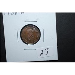 1938-A German 1 Reichspfennig Foreign Coin With Flying Eagle Holding Swatstika; EST. $10-15