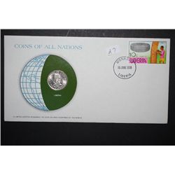 1976 Liberia 25 Cents Foreign Coin With COA Included; Coins Of All Nations With Postal Stamp Postmar