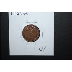1939-A German 2 Reichspfennig Foreign Coin With Flying Eagle Holding Swatstika; EST. $10-15