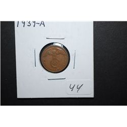 1939-A German 1 Reichspfennig Foreign Coin With Flying Eagle Holding Swatstika; EST. $10-15