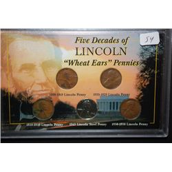 Five Decades Of Lincoln "Wheat Ears" Pennies In Display Case With History; Lot of 5 Coins; EST. $5-1