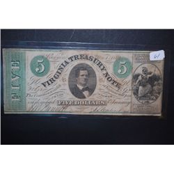 1869 US Virginia Treasury Note $5; EST. $45-55