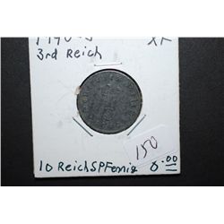 1940-J German 10 Reichspfennig Foreign Coin With Flying Eagle Holding Swatstika; XF; EST. $10-15