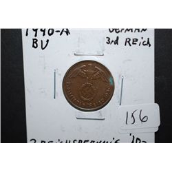 1940-A German 2 Reichspfennig Foreign Coin With Flying Eagle Holding Swatstika; BU; EST. $10-15