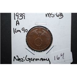 1939-A German 2 Reichspfennig Foreign Coin With Flying Eagle Holding Swatstika; MS63; EST. $10-15