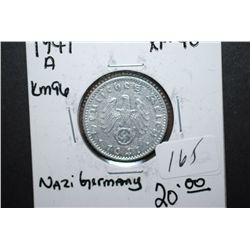 1941-A German 50 Reichspfennig Foreign Coin With Flying Eagle Holding Swatstika; XF40; EST. $10-15