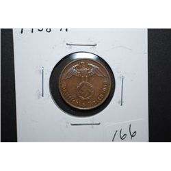 1938-A German 2 Reichspfennig Foreign Coin With Flying Eagle Holding Swatstika; EST. $10-15