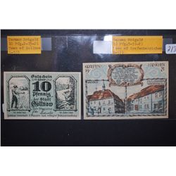 1921 German Notgeld 10 Pfennig Foreign Bank Note Town Of Gellnow & 1921 German Notgeld 10 Pfennig Fo