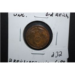 1939-F German 2 Reichspfennig Foreign Coin With Flying Eagle Holding Swatstika; UNC; EST. $10-15