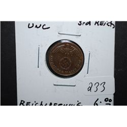 1939-F German 1 Reichspfennig Foreign Coin With Flying Eagle Holding Swatstika; UNC; EST. $10-15