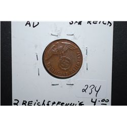 1937-F German 2 Reichspfennig Foreign Coin With Flying Eagle Holding Swatstika; AU; EST. $10-15