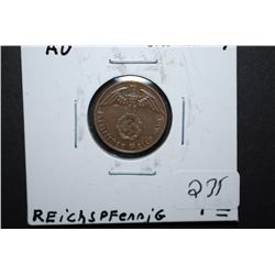 1939-F German 1 Reichspfennig Foreign Coin With Flying Eagle Holding Swatstika; AU; EST. $10-15