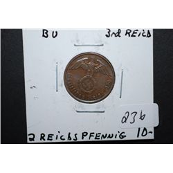 1939-A German 2 Reichspfennig Foreign Coin With Flying Eagle Holding Swatstika; BU; EST. $10-15