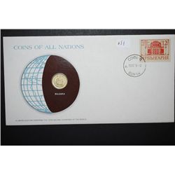 1974 Bulgaria 10 Foreign Coin With COA Included; Coins Of All Nations With Postal Stamp Postmarked 1