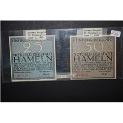 1921 German Notgeld 25 Pfennig Foreign Bank Note & 1921 German Notgeld 50 Pfennig Foreign Bank Note;