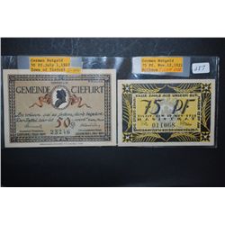1922 German Notgeld 50 Pfennig Foreign Bank Note Town Of Tiefurt & 1921 German Notgeld 75 Pfennig Fo