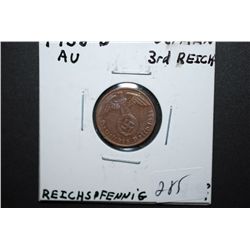 1938-D German 1 Reichspfennig Foreign Coin With Flying Eagle Holding Swatstika; AU; EST. $10-15