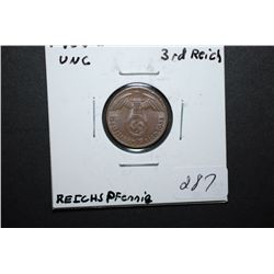 1938-D German 1 Reichspfennig Foreign Coin With Flying Eagle Holding Swatstika; UNC; EST. $10-15