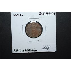 1937-A German 1 Reichspfennig Foreign Coin With Flying Eagle Holding Swatstika; UNC; EST. $10-15