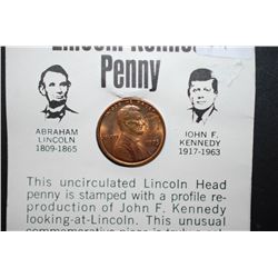 1973 US Lincoln Penny With Kennedy Profile Stamped On Obv. With History/Facts; UNC; EST. $5-10