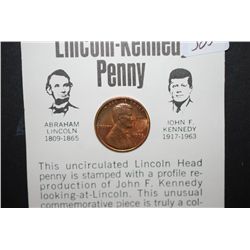 1973 US Lincoln Penny With Kennedy Profile Stamped On Obv. With History/Facts; UNC; EST. $5-10