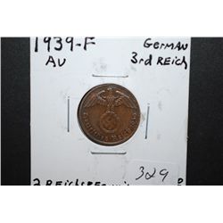 1939-F German 2 Reichspfennig Foreign Coin With Flying Eagle Holding Swatstika; AU; EST. $10-15