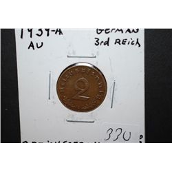 1939-A German 2 Reichspfennig Foreign Coin With Flying Eagle Holding Swatstika; AU; EST. $10-15