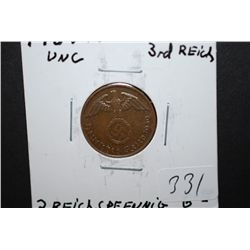 1939-A German 2 Reichspfennig Foreign Bank Note With Flying Eagle Holding Swatstika; UNC; EST. $10-1