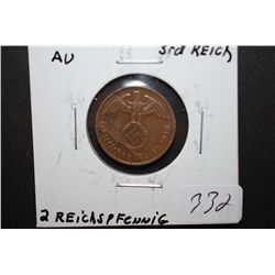 1938-F German 2 Reichspfennig Foreign Bank Note With Flying Eagle Holding Swatstika; AU; EST. $10-15