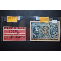 1920 German Notgeld 25 Pfennig Foreign Bank Note Town Of Brockau & 1921 German Notgeld 50 Pfennig Fo