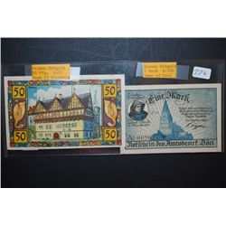 German Notgeld 50 Pfennig Foreign Bank Note Town Of Blomberg & German Notgeld 1 Mark Foreign Bank No