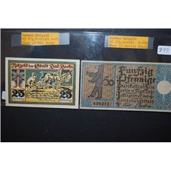 1920 German Notgeld 25 Pfennig Foreign Bank Note Town Of Bad Berka & 1921 German Notgeld 50 Pfennig 