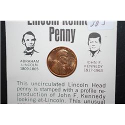 1973 US Lincoln Penny With Kennedy Profile Stamped On Obv. With History/Facts; UNC; EST. $5-10