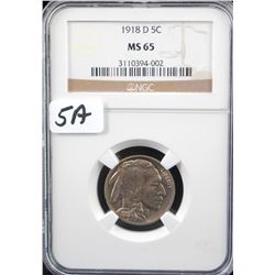 RARE 1918-D BUFFALO NICKEL - NGC MS65 (COIN  WORLD LISTS A MS65 @ $3,500.00)