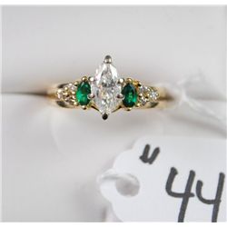 BEAUTIFUL LADIES EMERALD AND DIAMOND RING  WITH ONE MARQUISE CUT APPROX. .75CT DIAMOND  SOLITAIRE AN