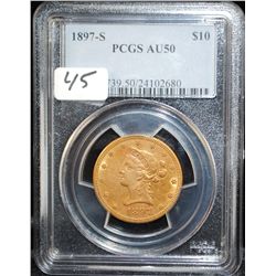 1897-S $10 LIBERTY GOLD COIN - PCGS AU50