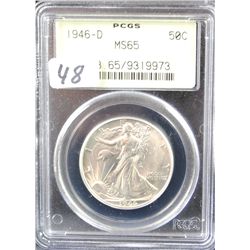 1946-D WALKING LIBERTY HALF DOLLAR - PCGS  MS65 (EARLY GREEN LABEL) COIN WORLD LISTS A  MS65 @ $175.