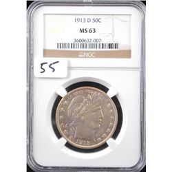 RARE 1913-D BARBER HALF DOLLAR - NGC MS63