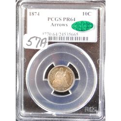 RARE 1874 SEATED LIBERTY DIME - PCGS PR64  ARROWS (COIN WORLD LISTS A MS65 @ $4,000.00)