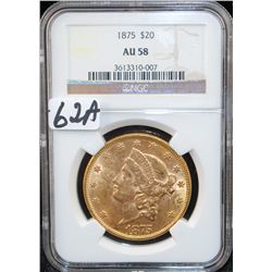 1875 $20 LIBERTY GOLD COIN - NGC AU58