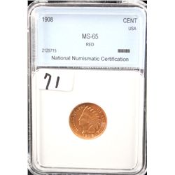 1908 INDIAN HEAD CENT - NNC MS65 RED - SCARCE  IN FULL RED (COIN WORLD LISTS A MS65 RED @  $700.00)