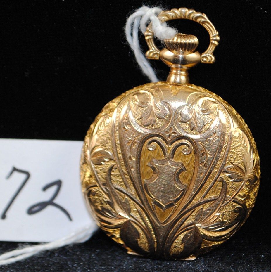 RARE ANTIQUE LADIES 14K HUNTERS CASE POCKET WATCH 14K YELLOW GOLD