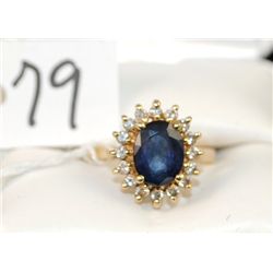 LADIES 14K YELLOW GOLD SAPPHIRE AND DIAMOND  DINNER RING WITH ONE CHECKERBOARD CUT BLUE  SAPPHIRE CE