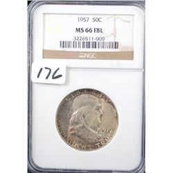 1957 FRANKLIN HALF DOLLAR - NGC MS66FBL (COIN  WORLD LISTS A MS66F @ $200.00)